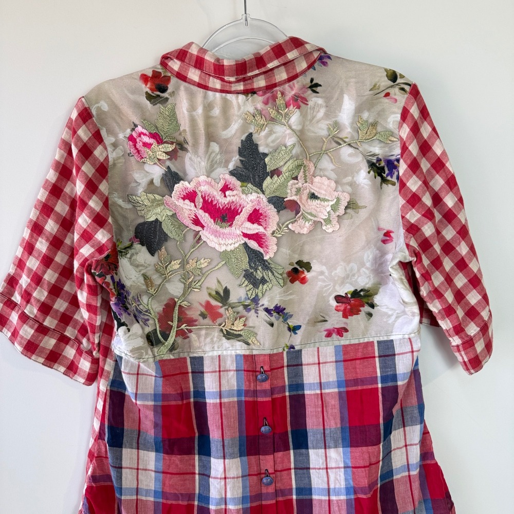 Aratta Silent Journey Button Down Women M Red Gingham Floral Embroidered Back - Picture 5 of 16